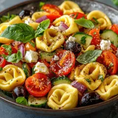 Kolorowa sałatka z tortellini, pomidorkami, ogórkiem, fetą i czarnymi oliwkami, ozdobiona listkami bazylii.