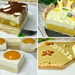 Cztery pyszne ciasta: warstwowe z owocami i polewą, wielkanocne z króliczkami i pisankami, mini serniczki z brzoskwinią oraz pistacjowe ciasto. Idealne na wielkanoc!