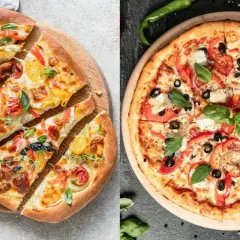 Pyszna pinsa z pomidorkami, papryką i ziołami, obok klasyczna pizza z oliwkami i serem.