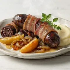 Pyszna kaszanka z piekarnika, owinięta boczkiem, podana z puree ziemniaczanym i karmelizowaną cebulką z jabłkiem.