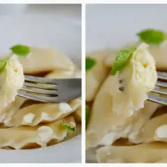 Pyszne pierogi z serem, jeden kęs na widelcu, ozdobione listkami mięty.