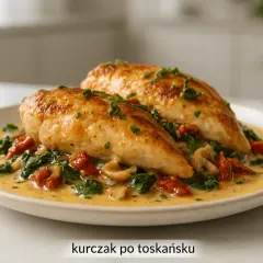Dwa soczyste filety z kurczaka w kremowym sosie z suszonymi pomidorami i szpinakiem. Pyszny kurczak po toskańsku.