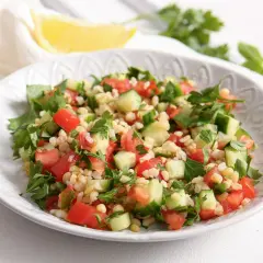 Orzeźwiająca sałatka z kaszą bulgur, pomidorami, ogórkiem i natką pietruszki, podana na białym talerzu.