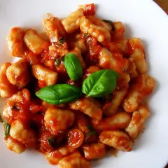 Pyszne gnocchi w sosie pomidorowym, udekorowane listkami bazylii. Idealne danie na szybki obiad.