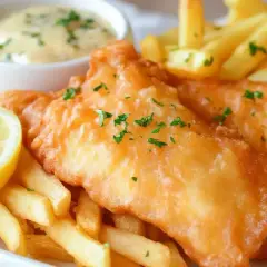 Chrupiąca ryba w cieście, podana z frytkami, cytryną i sosem tatarskim. Idealny posiłek na szybki lunch.