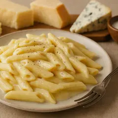 Penne w kremowym sosie serowym, posypane pieprzem. Obok kawałki parmezanu i sera pleśniowego, oraz mleko. Idealny sos serowy do makaronu.