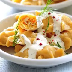 Elegancki obiad dla gości: pyszne pierogi z farszem, polane sosem śmietanowym, ozdobione koperkiem i różowym pieprzem.