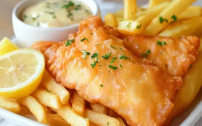 Chrupiąca ryba w cieście, podana z frytkami, cytryną i sosem tatarskim. Idealny posiłek na szybki lunch.