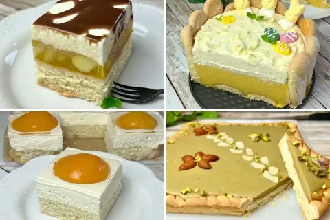 Cztery pyszne ciasta: warstwowe z owocami i polewą, wielkanocne z króliczkami i pisankami, mini serniczki z brzoskwinią oraz pistacjowe ciasto. Idealne na wielkanoc!
