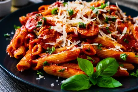 Penne z krewetkami w sosie pomidorowym, posypane parmezanem i udekorowane bazylią.