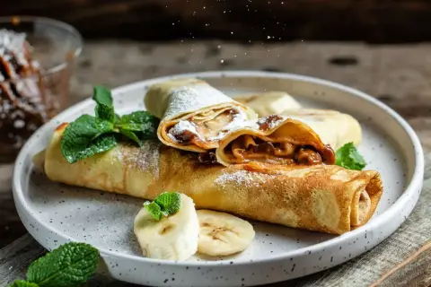 Pyszne naleśniki na słodko z bananem i kremem czekoladowym, posypane cukrem pudrem i udekorowane miętą.