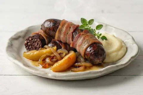 Pyszna kaszanka z piekarnika, owinięta boczkiem, podana z puree ziemniaczanym i karmelizowaną cebulką z jabłkiem.