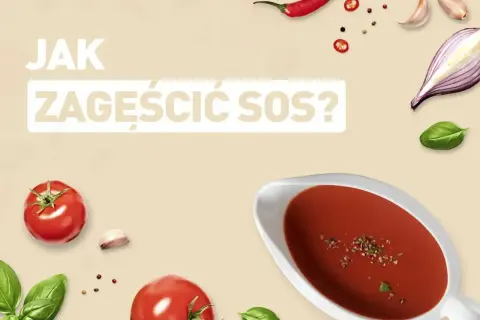 Jak zagęścić sos? Na zdjęciu sos pomidorowy w sosjerce, pomidory, bazylia, czosnek, cebula, papryczka chili i pieprz.