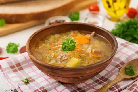 Gęsty, aromatyczny kapuśniak z kiszonej kapusty, z kawałkami mięsa i warzyw, podany w glinianej misce na kratkowanej serwetce.