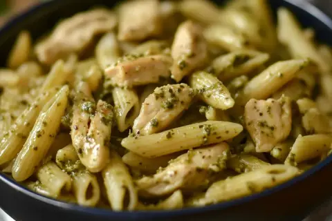 Penne z kurczakiem w sosie pesto. Aromatyczne danie, które zachwyci każdego smakosza.