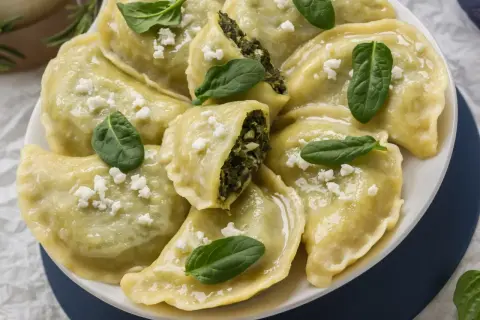 Pyszne pierogi ze szpinakiem i fetą, udekorowane świeżymi listkami szpinaku.