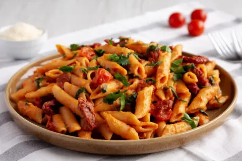 Penne z sosem pomidorowym i suszonymi pomidorami, posypane świeżą natką pietruszki. Obok miseczka z parmezanem i kilka pomidorków koktajlowych.