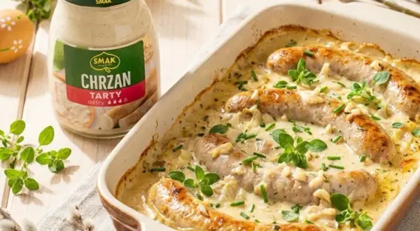 Pyszna kiełbasa w sosie chrzanowym, zapiekana w naczyniu, z dodatkiem ziół. Obok słoik sosu chrzanowego.