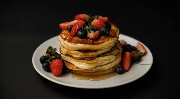 Stos puszystych naleśników z jagodami i truskawkami, polany syropem. Idealny przepis na pancake na weekendowe śniadanie.