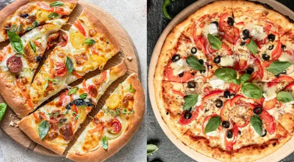 Pyszna pinsa z pomidorkami, papryką i ziołami, obok klasyczna pizza z oliwkami i serem.