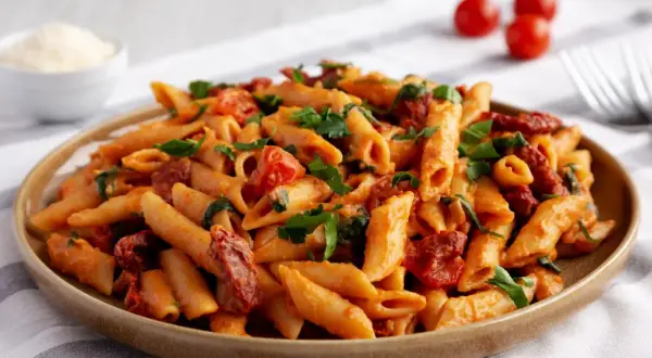 Penne z sosem pomidorowym i suszonymi pomidorami, posypane świeżą natką pietruszki. Obok miseczka z parmezanem i kilka pomidorków koktajlowych.