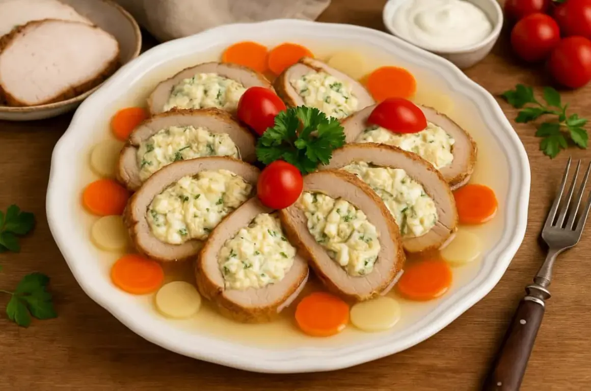 Schab po warszawsku, czyli rolada z jajkiem i natką pietruszki w galarecie, ozdobiona pomidorkami i marchewką.