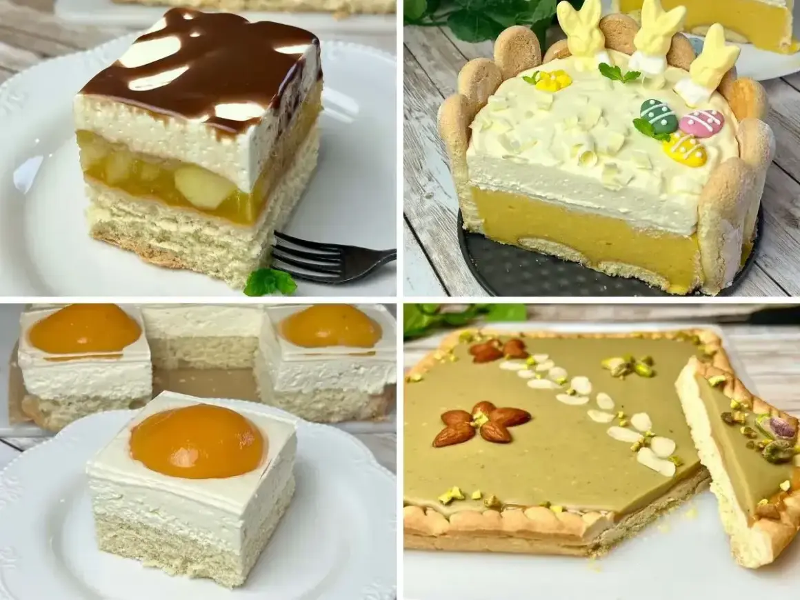 Cztery pyszne ciasta: warstwowe z owocami i polewą, wielkanocne z króliczkami i pisankami, mini serniczki z brzoskwinią oraz pistacjowe ciasto. Idealne na wielkanoc!