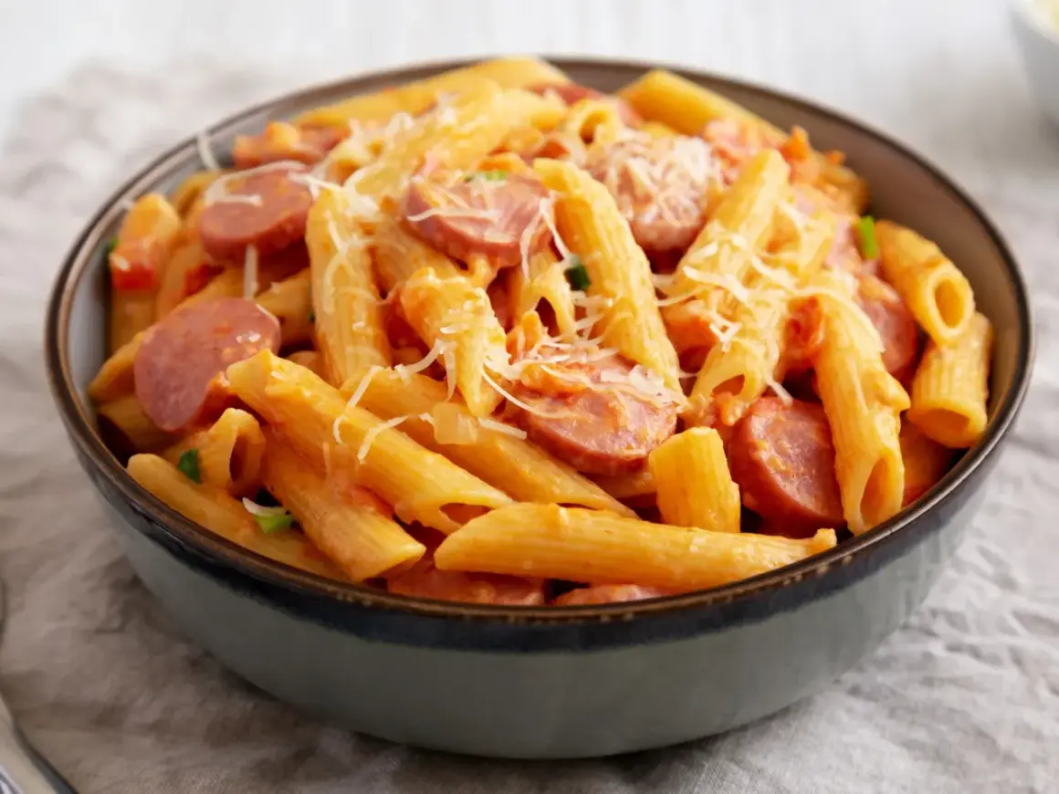 Penne z sosem pomidorowym i plasterkami kiełbasy, posypane parmezanem. Pyszny makaron z kiełbasą w misce.