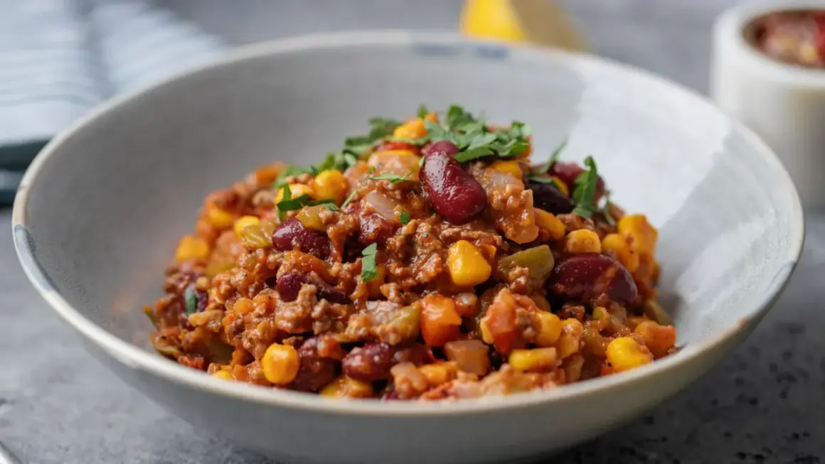 Miseczka pełna aromatycznego chili con carne z fasolą, kukurydzą i mielonym mięsem, posypana świeżą natką pietruszki.