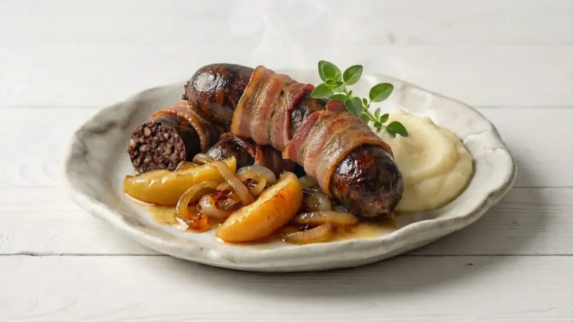 Pyszna kaszanka z piekarnika, owinięta boczkiem, podana z puree ziemniaczanym i karmelizowaną cebulką z jabłkiem.