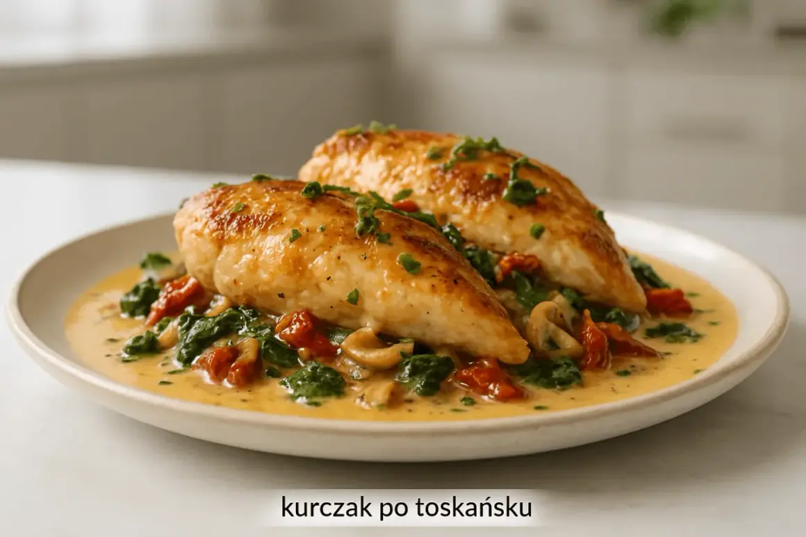 Dwa soczyste filety z kurczaka w kremowym sosie z suszonymi pomidorami i szpinakiem. Pyszny kurczak po toskańsku.