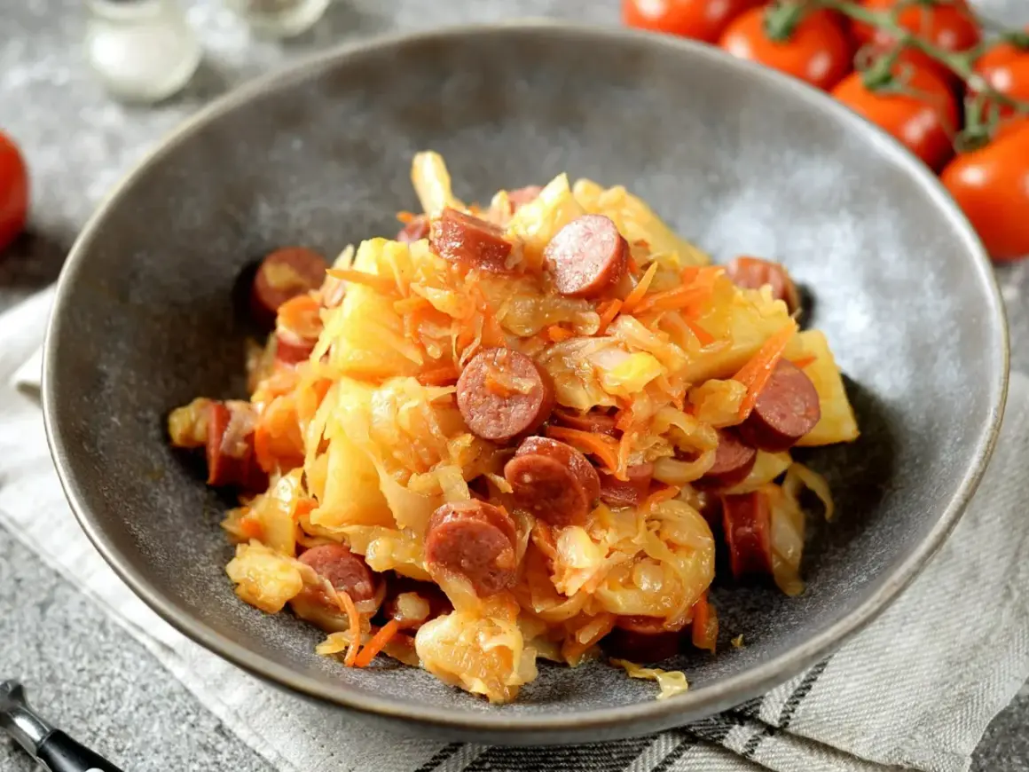 Danie z kapusty z kiełbasą i marchewką. Idealne, gdy zastanawiasz się, co na obiad.