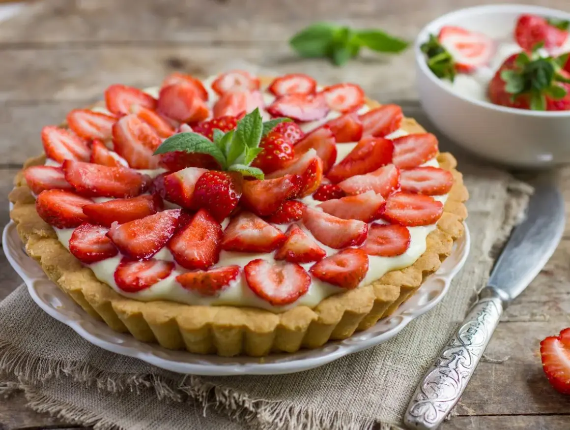 Pyszna tarta z truskawkami, udekorowana listkami mięty, na drewnianym blacie. Obok miseczka z deserem i nóż.