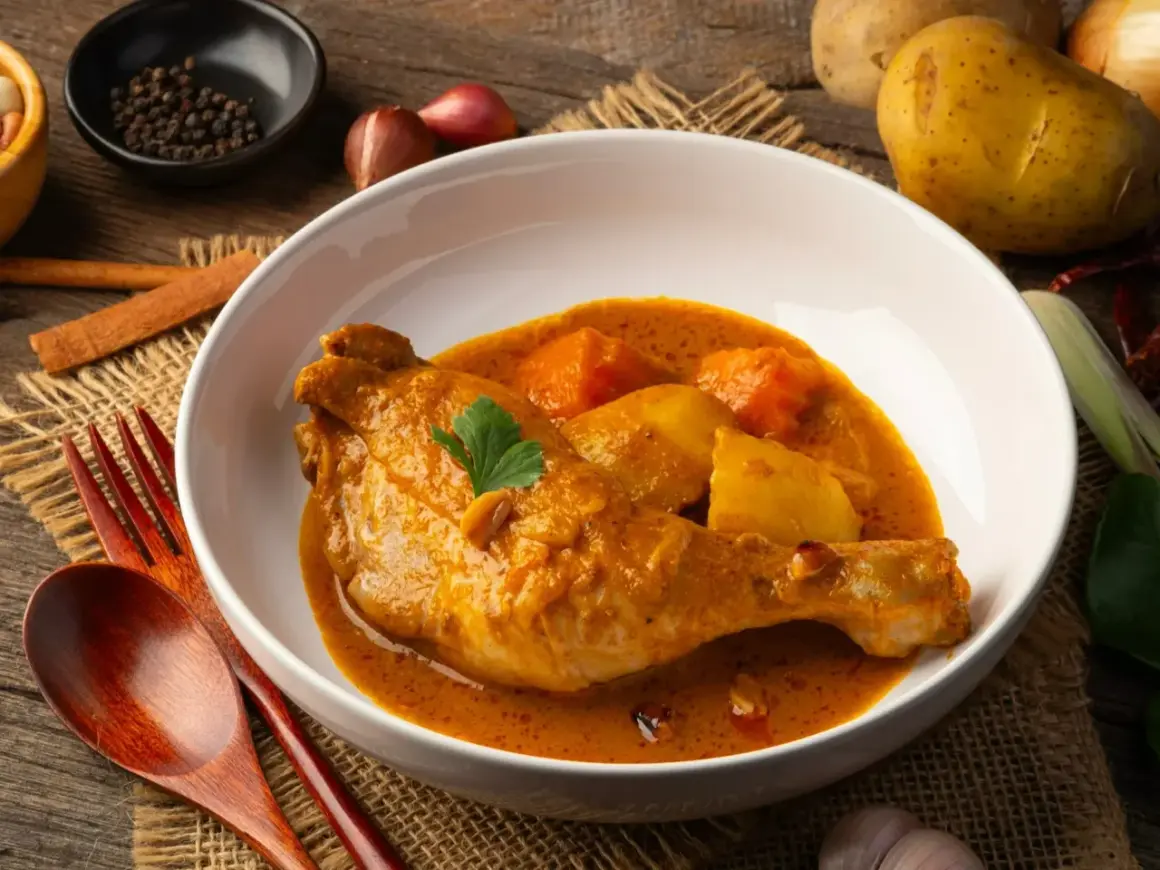 Pyszny kurczak w sosie curry z ziemniakami, podany w białej misce na lnianym tle. Obok widoczne przyprawy i drewniane sztućce.