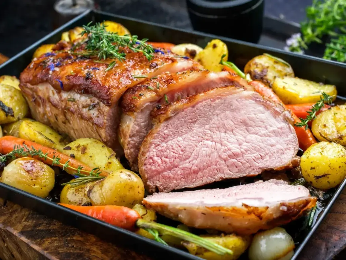 Soczysta polędwica wieprzowa z piekarnika, pieczona z ziemniakami, marchewką i cebulą. Aromatyczne zioła podkreślają smak dania.