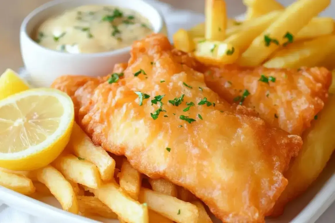 Chrupiąca ryba w cieście, podana z frytkami, cytryną i sosem tatarskim. Idealny posiłek na szybki lunch.