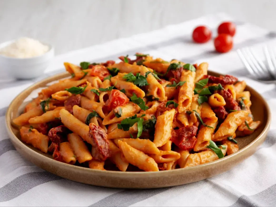 Penne z sosem pomidorowym i suszonymi pomidorami, posypane świeżą natką pietruszki. Obok miseczka z parmezanem i kilka pomidorków koktajlowych.