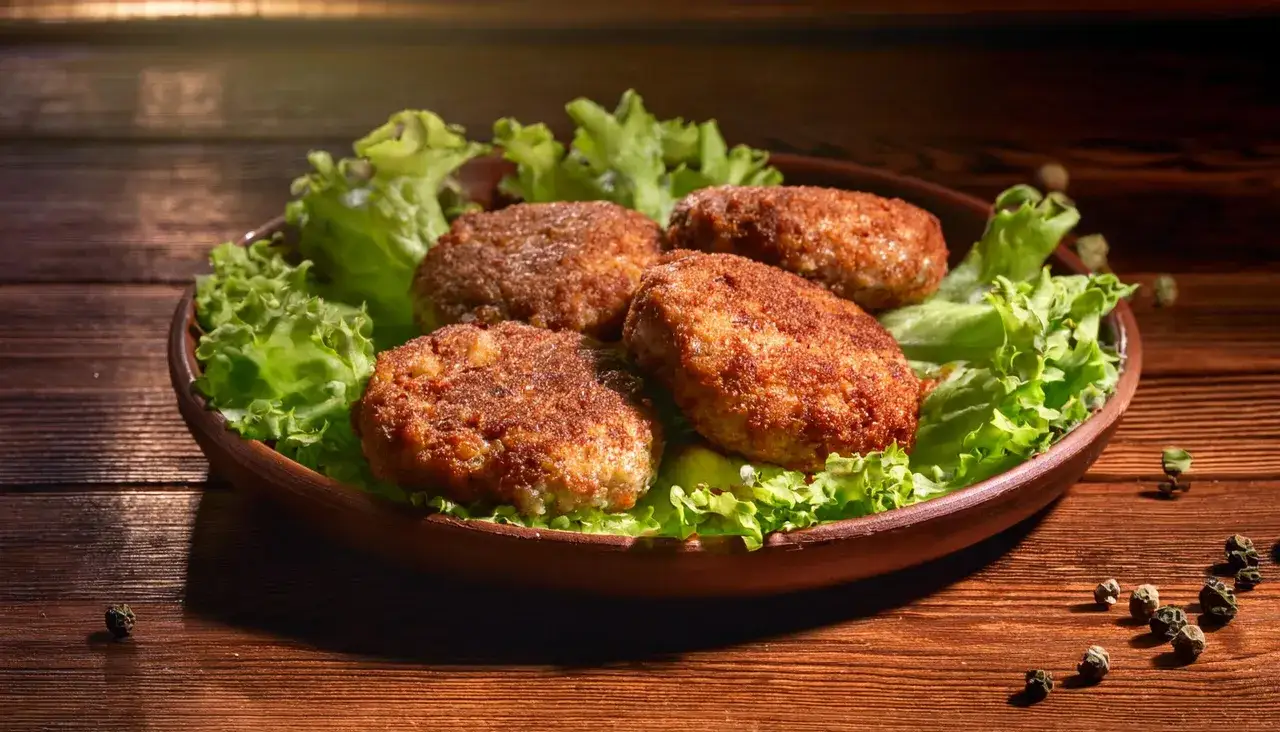 Cztery soczyste mielone z air fryer, podane na liściach sałaty, kuszą apetycznym wyglądem.