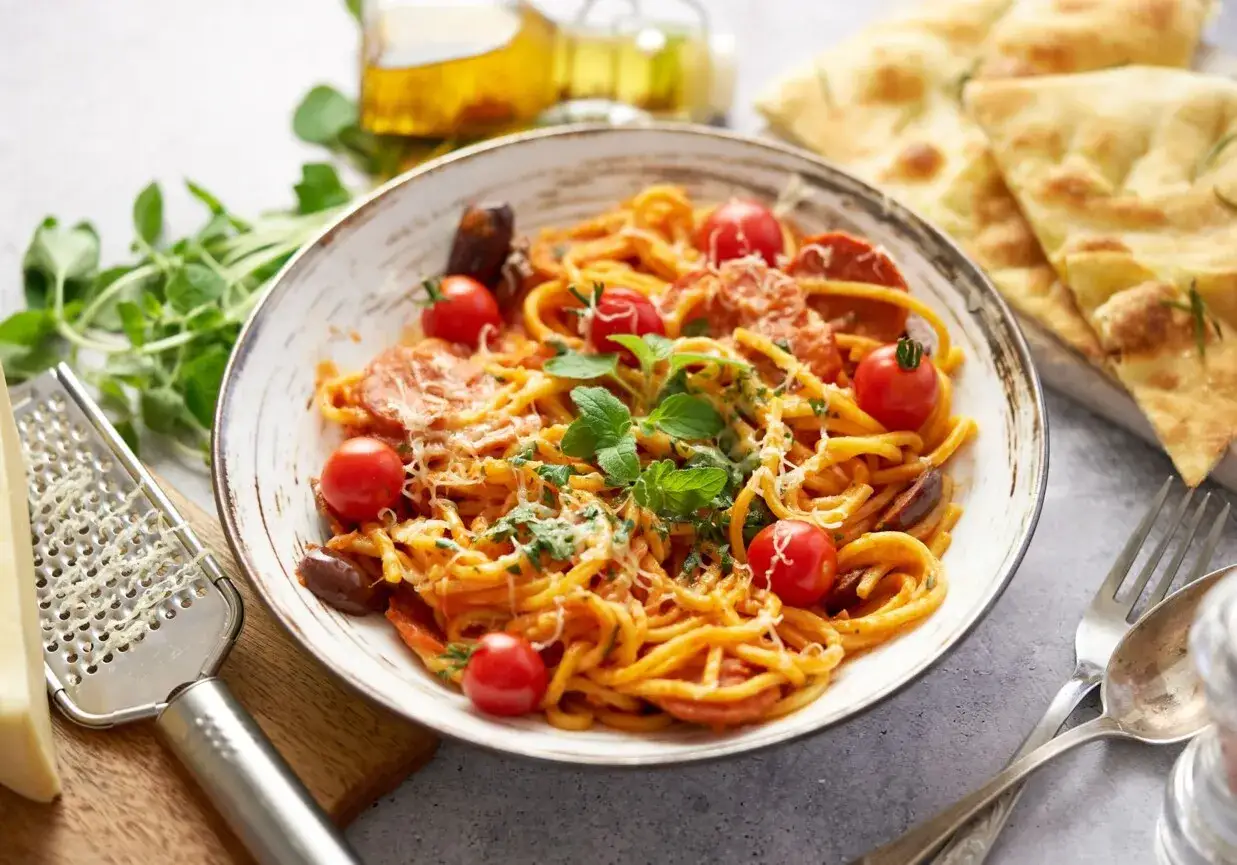 Pyszny makaron z chorizo, pomidorkami koktajlowymi i świeżą bazylią, posypany parmezanem. Idealny na szybki obiad.