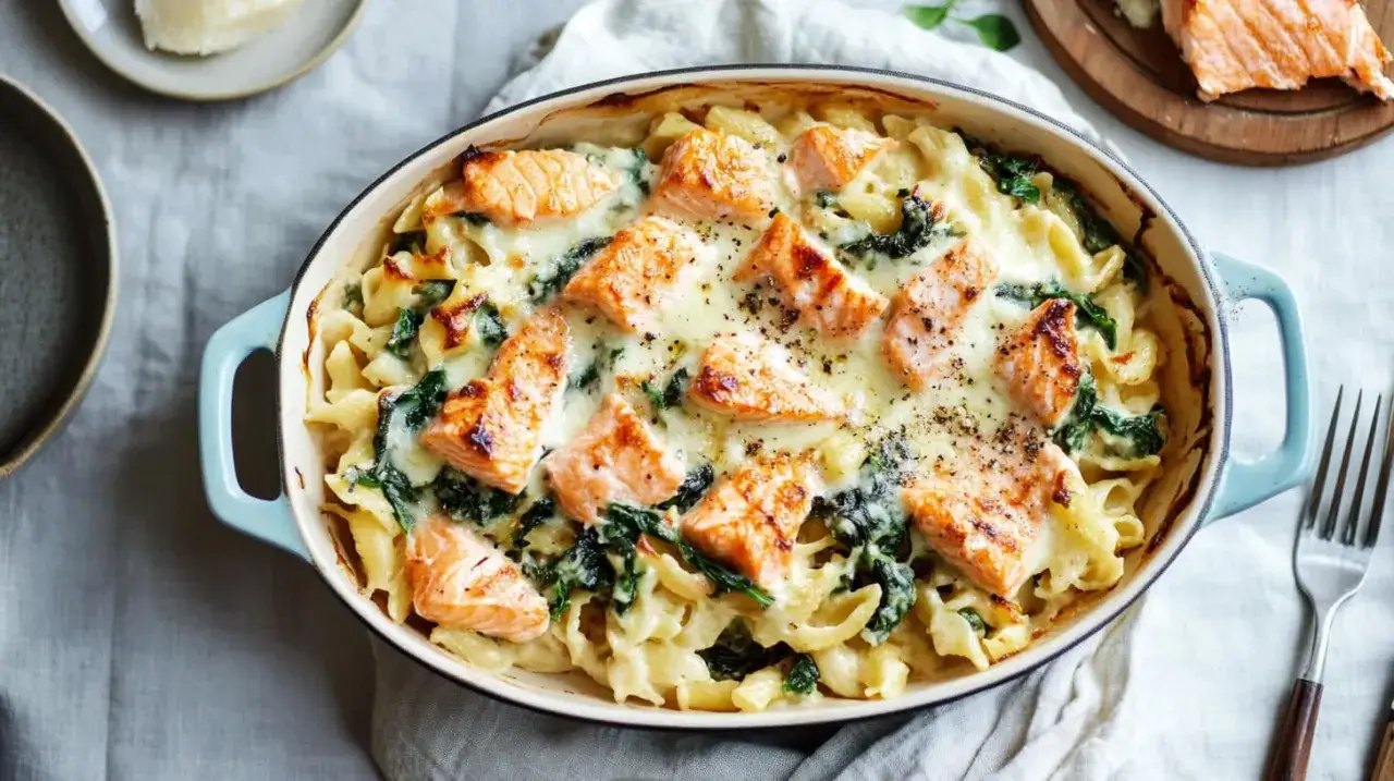Zapiekanka z makaronem, szpinakiem i łososiem, polana kremowym sosem serowym. Pyszne lasagne ze szpinakiem w nowej odsłonie.