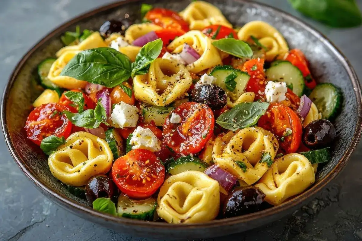 Kolorowa sałatka z tortellini, pomidorkami koktajlowymi, ogórkiem, fetą i czarnymi oliwkami, udekorowana świeżą bazylią.