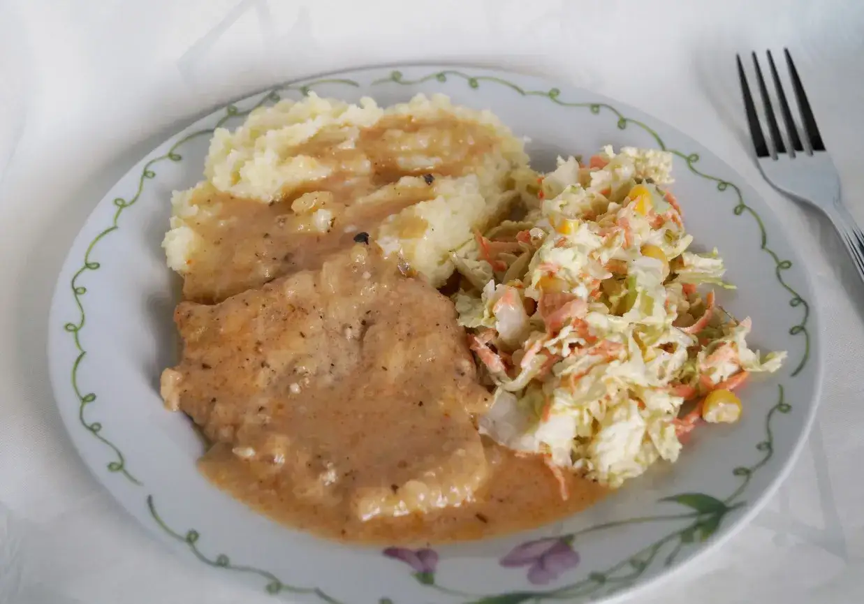Schab w sosie z puree ziemniaczanym i surówką z kapusty. Pyszny obiad gotowy do spożycia.
