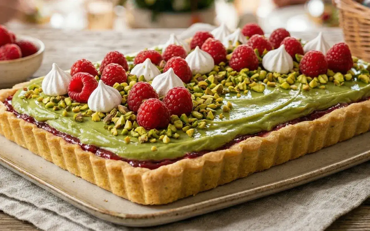 Nowoczesny mazurek wielkanocny z pistacjami, malinami i bezą.