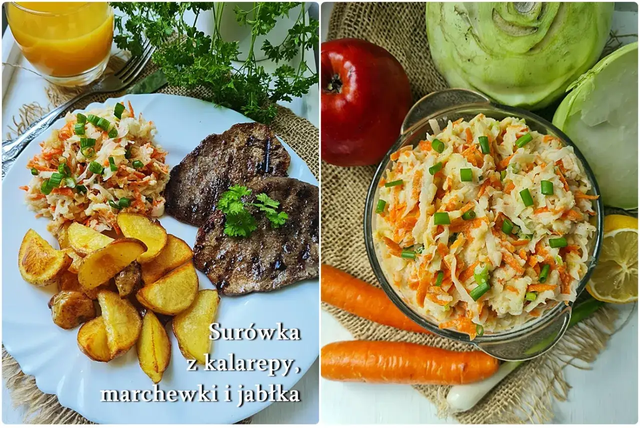 Pyszna surówka z kalarepy, marchewki i jabłka, podana z grillowanymi ziemniakami i mięsem.