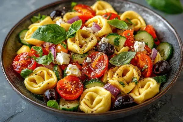 Kolorowa sałatka z tortellini, pomidorkami, ogórkiem, fetą i czarnymi oliwkami, ozdobiona listkami bazylii.