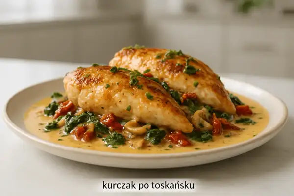 Dwa soczyste filety z kurczaka w kremowym sosie z suszonymi pomidorami i szpinakiem. Pyszny kurczak po toskańsku.